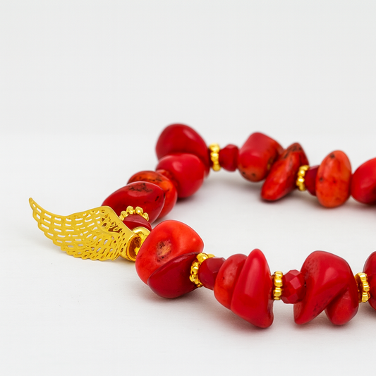 Red Coral Flame – Gold Wing Charm Bracelet