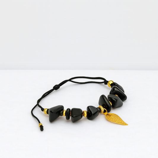 Black Onyx Shield – Gold Wing Charm Bracelet