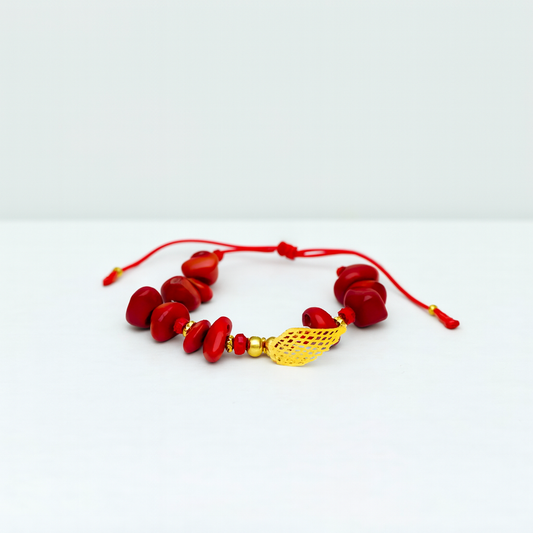 Red Coral Flame – Gold Wing Charm Bracelet