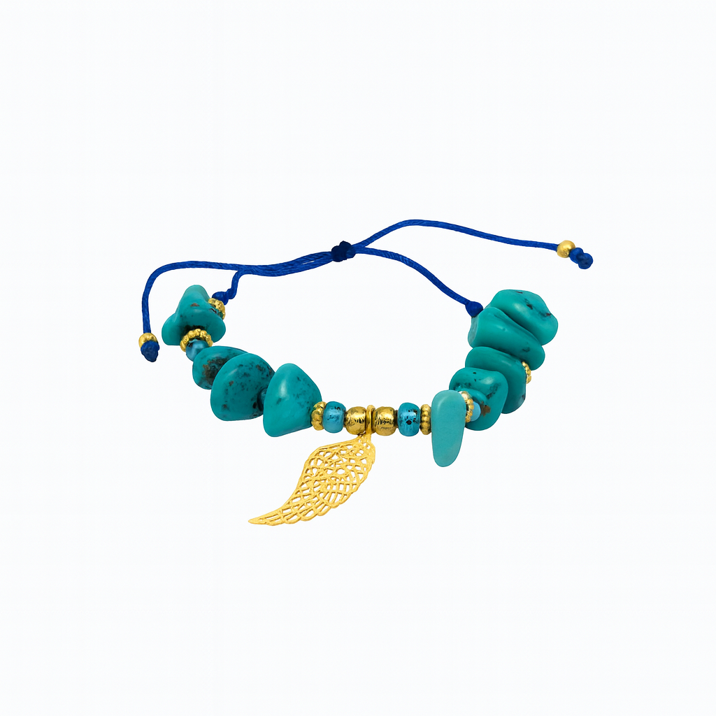 Turquoise beaded bracelet with gold leaf charm