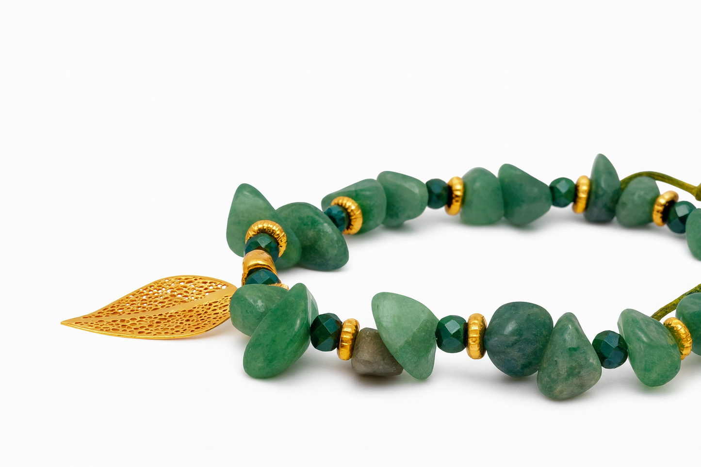 Green Jade Harmony – Gold Leaf Bracelet