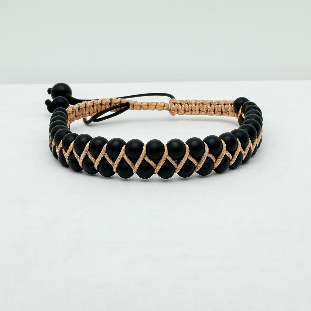 Minimalist matte black onyx bracelet with tan macramé cord