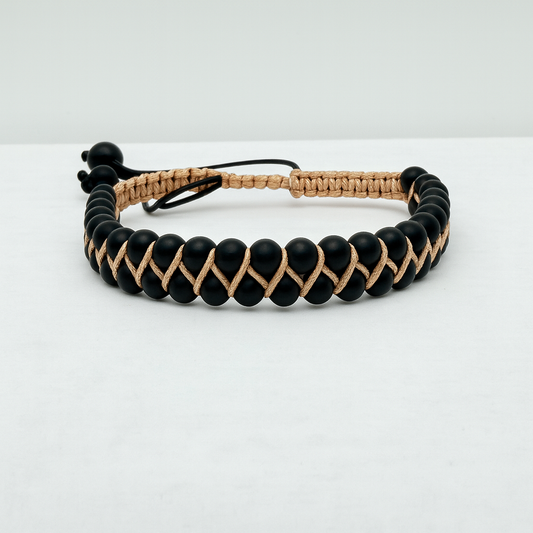 Minimalist matte black onyx bracelet with tan macramé cord