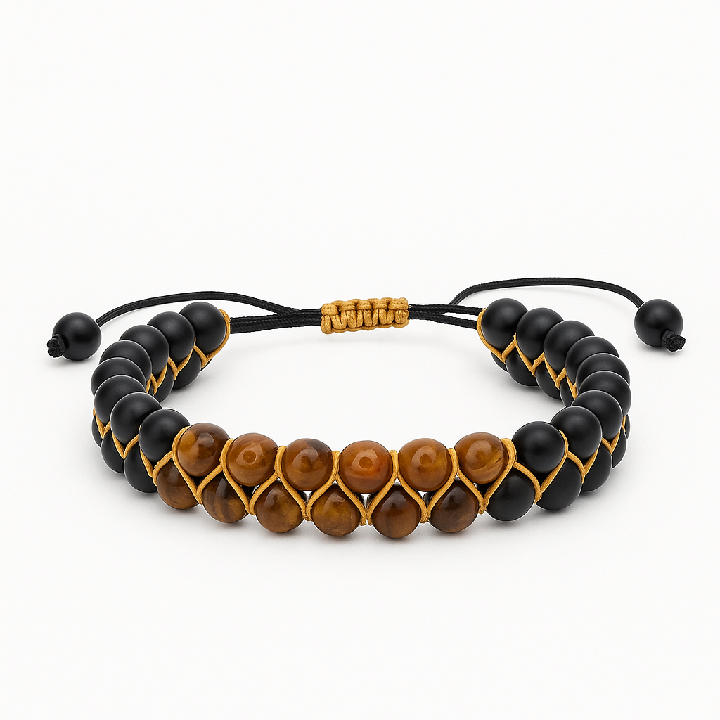 Handmade Tiger Eye and matte onyx macramé bracelet by Vensus