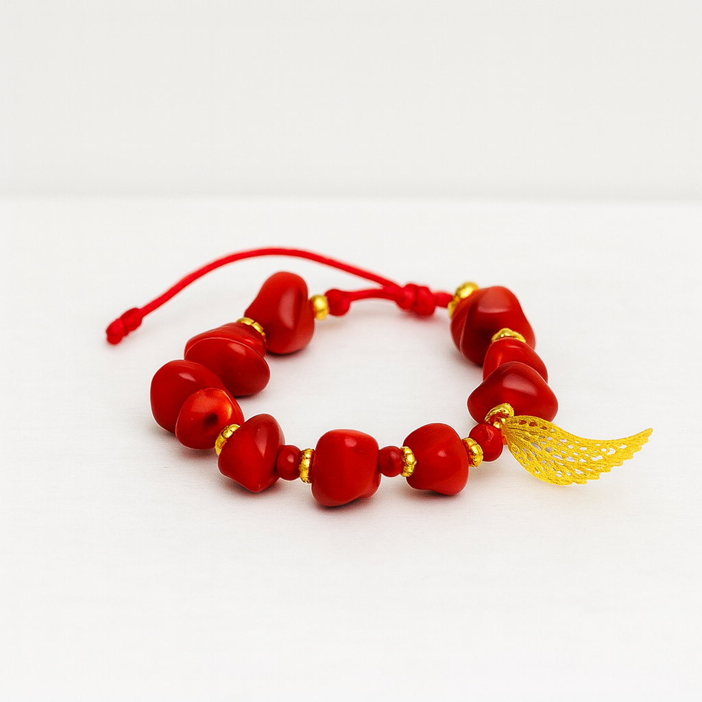 Red Coral Flame – Gold Wing Charm Bracelet