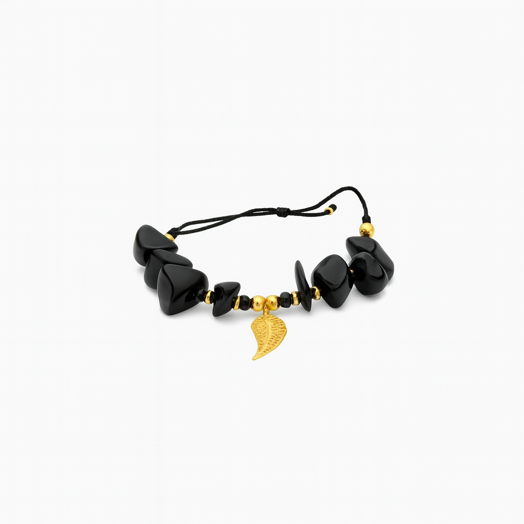 Black Onyx Shield – Gold Wing Charm Bracelet