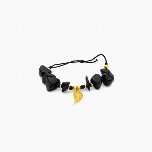 Black Onyx Shield – Gold Wing Charm Bracelet